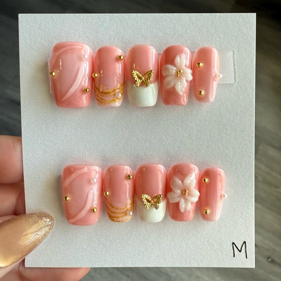 Handmade Other - Peach Pink 3D Floral & Butterfly Press-On Nails